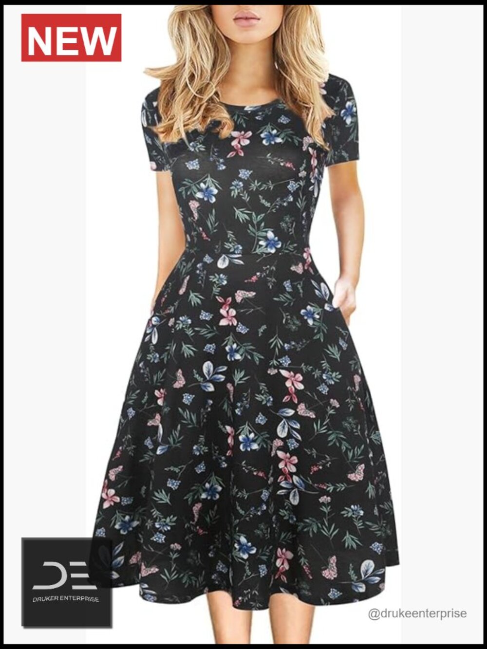 Vintage Floral A-Line Swing Dress with Pockets Knee Length Short Sleeve - Picture 1 of 7